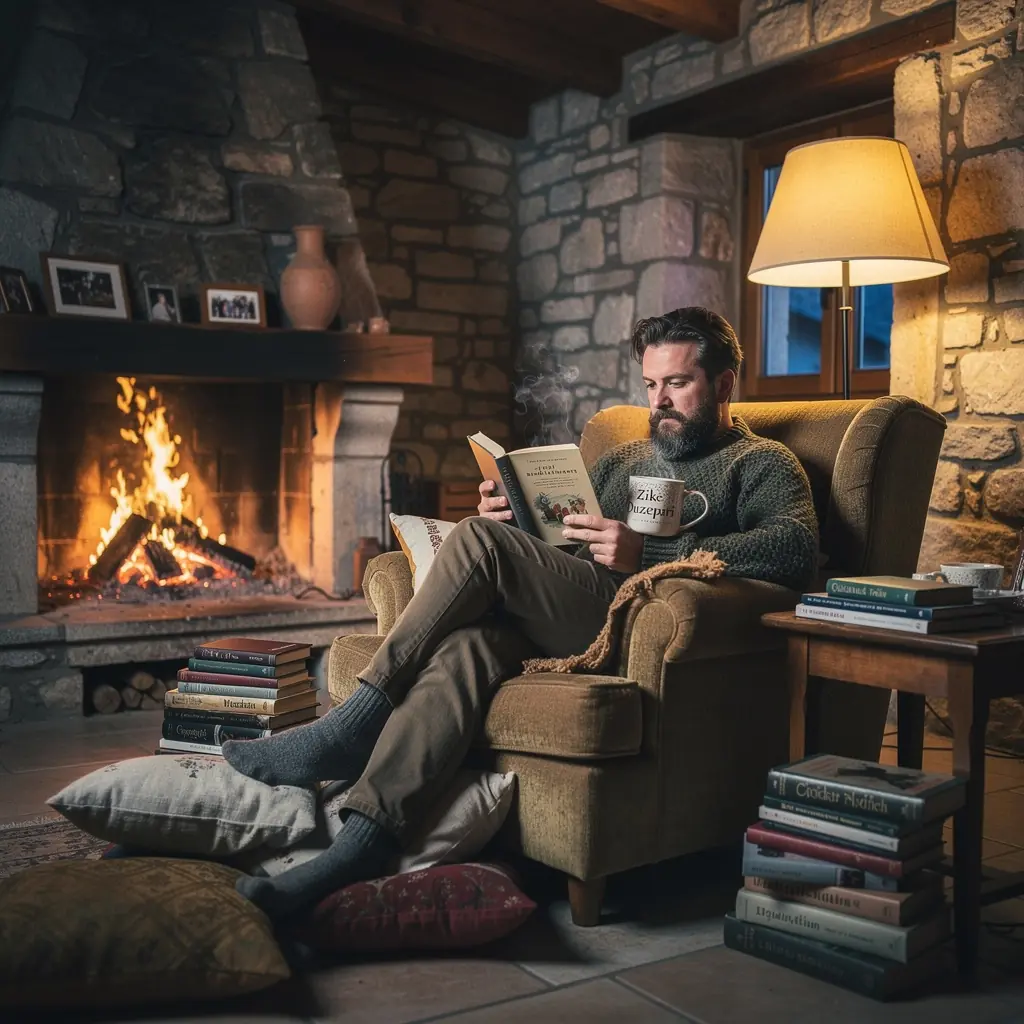 Muškarac opušteno pije čaj s osmijehom na licu.