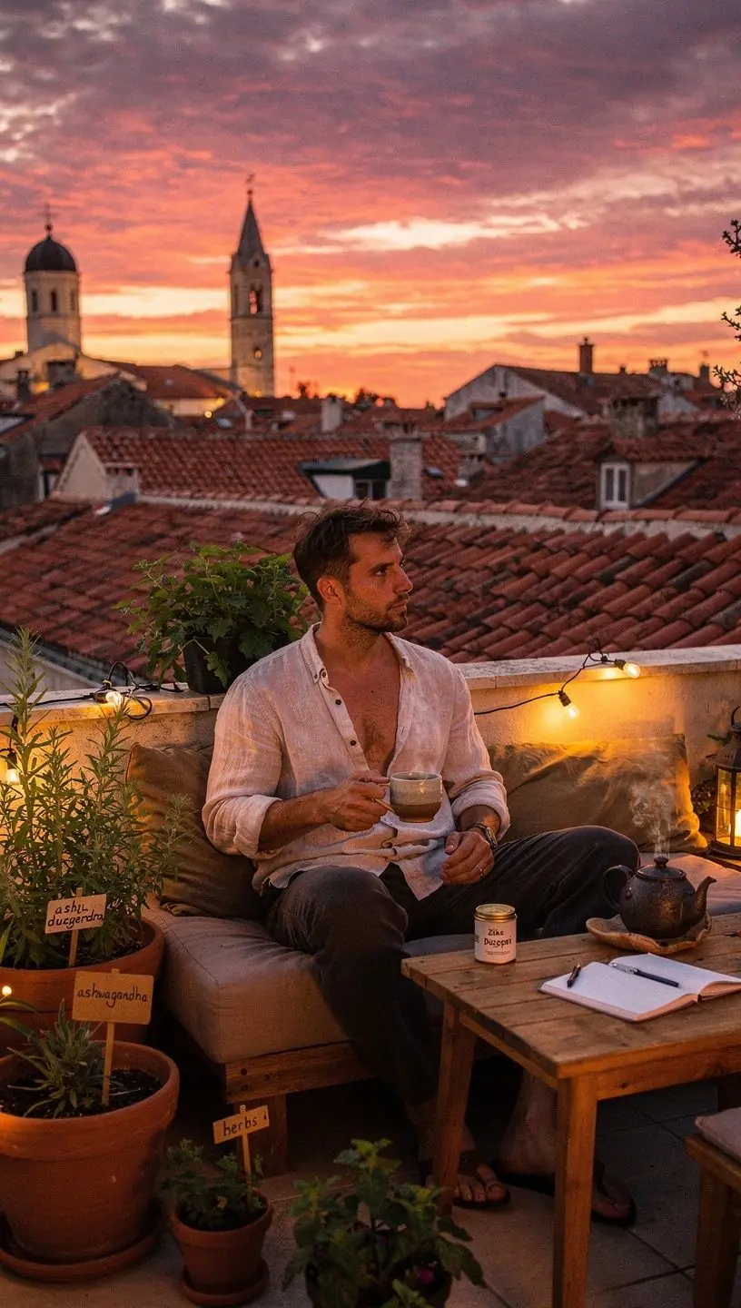 Prikaz pakiranja čaja s prirodnim sastojcima u pozadini.