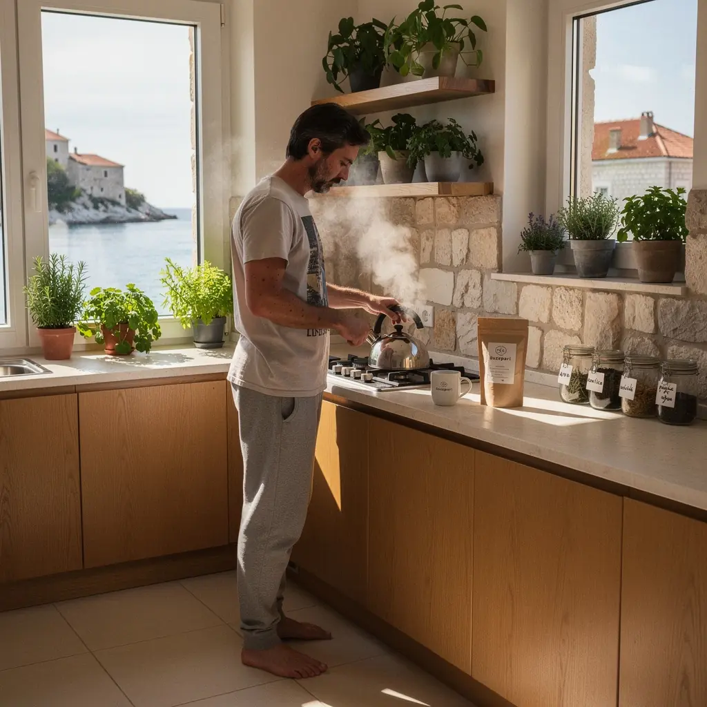 Pakiranje čaja s prirodnim motivima i informacijama o adaptogenima.