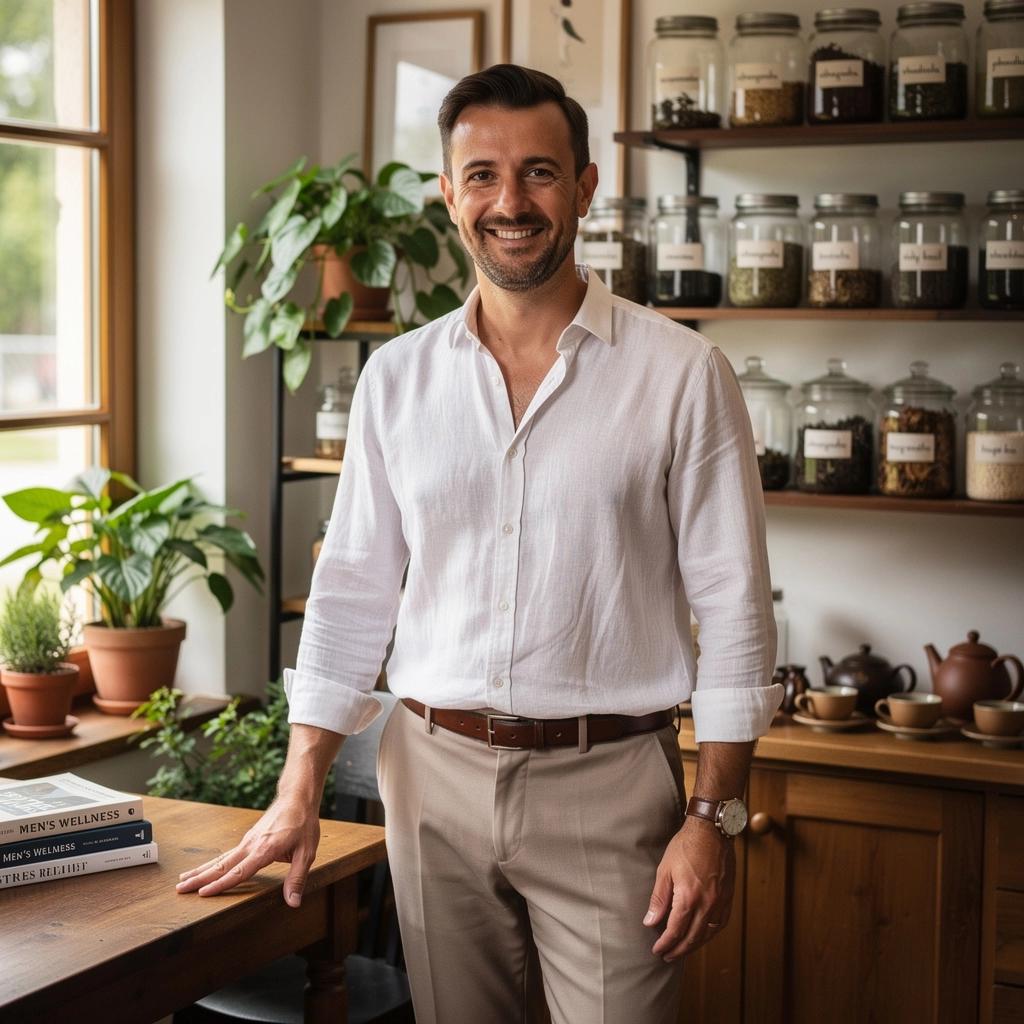 Čaj za smanjenje stresa za muškarce s adaptogenim mješavinama, prikazan u prekrasnoj šalici.